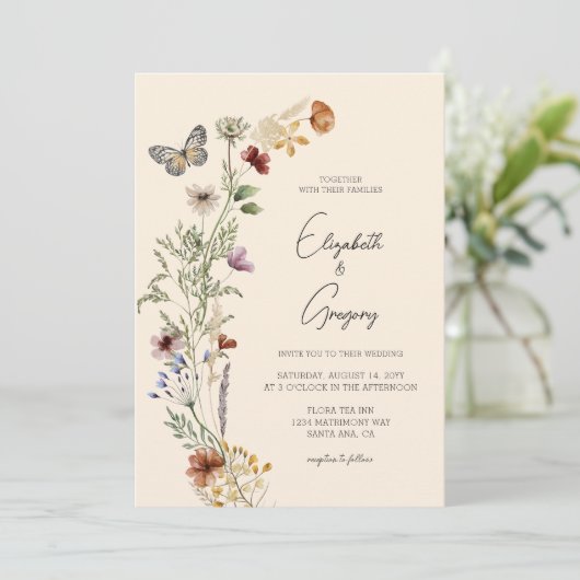 Elegant Boho Wildflower Wedding Uitnodiging (Staand voorkant)