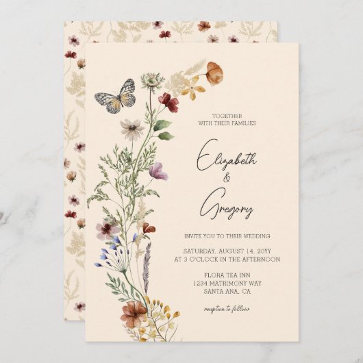Elegant Boho Wildflower Wedding Uitnodiging (Voorkant / Achterkant)