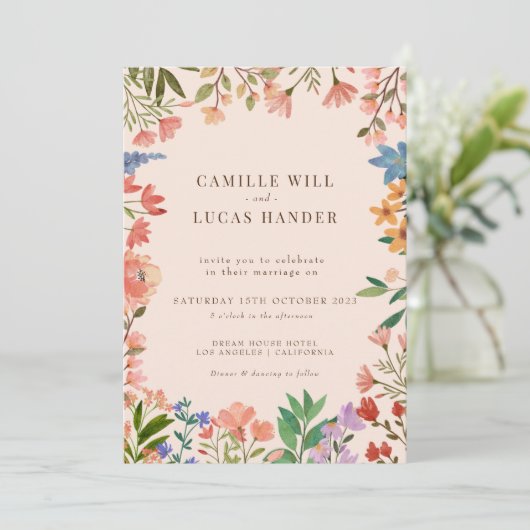 Elegant Boho Wildflower Wedding Uitnodiging (Staand voorkant)