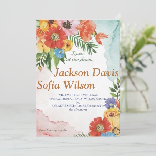 Elegant Boho Wildflower Wedding Uitnodiging (Staand voorkant)