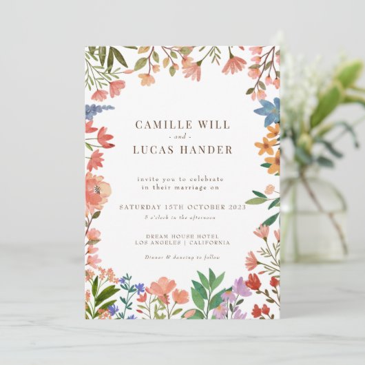 Elegant Boho Wildflower Wedding Uitnodiging (Staand voorkant)