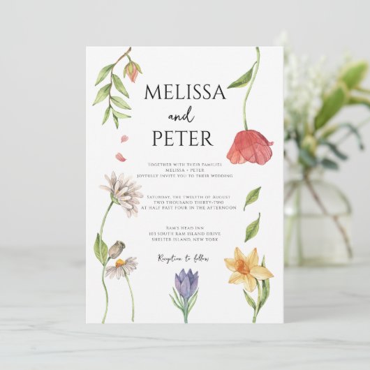 Elegant Boho Wildflower Wedding Uitnodiging (Staand voorkant)