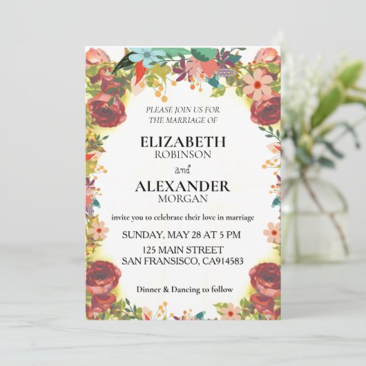 Elegant Boho Wildflower Wedding Uitnodiging (Staand voorkant)