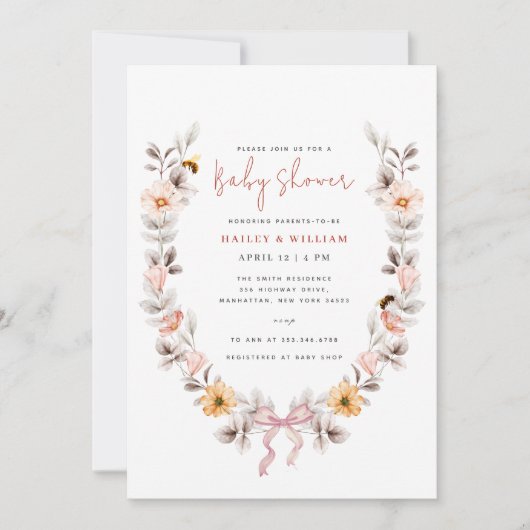 Elegant Boho Wildflower Wreath Baby shower Kaart (Voorkant)