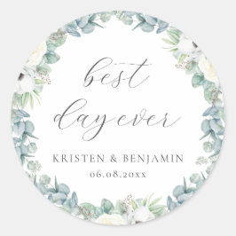 Elegant Boho wit bloemengroen bruiloft gunst Ronde Sticker