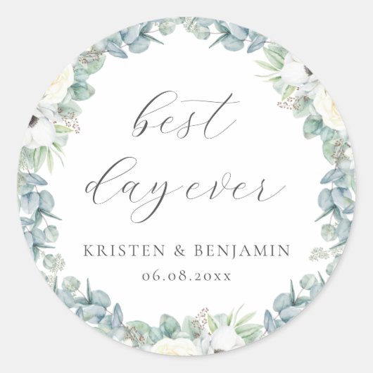 Elegant Boho wit bloemengroen bruiloft gunst Ronde Sticker (Voorkant)