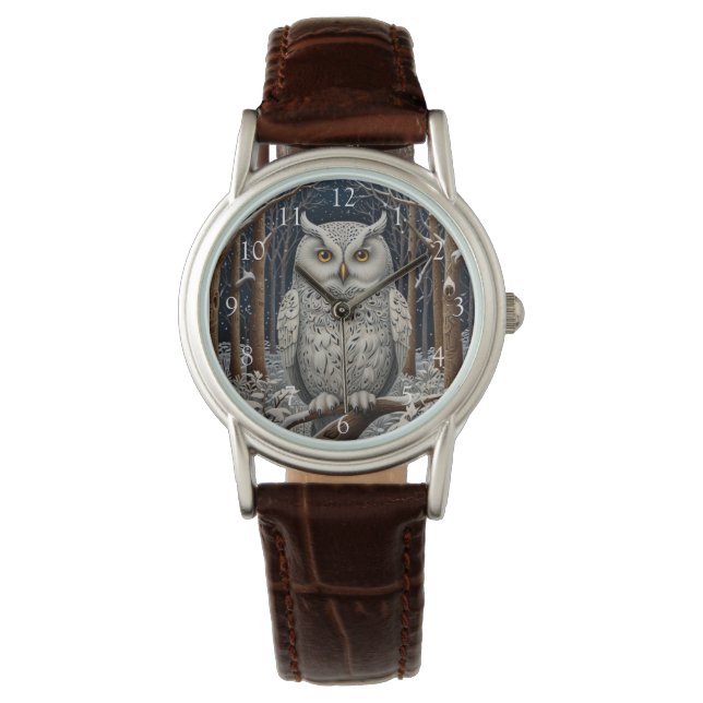 Elegant boho witte uil bos winterbos horloge (Voorkant)