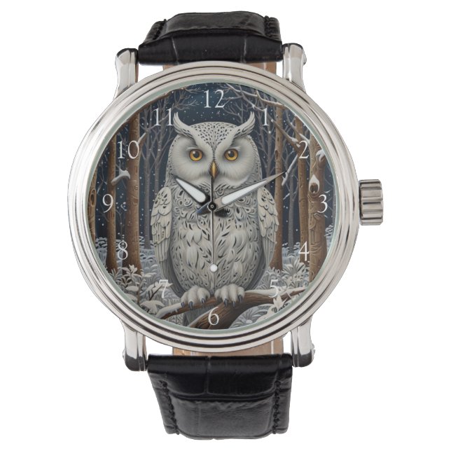 Elegant boho witte uil bos winterbos horloge (Voorkant)