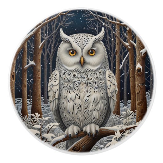 Elegant boho witte uil bos winterbos keramische knop (Voorkant)