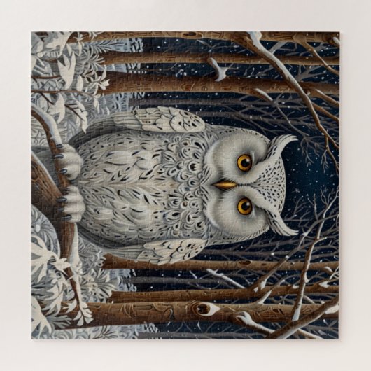 Elegant boho witte uil bos winterbos legpuzzel (Horizontaal)