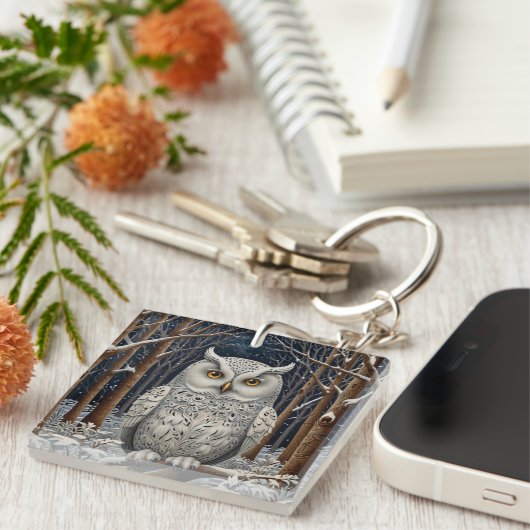 Elegant boho witte uil bos winterbos sleutelhanger (Voorkant Rechts)