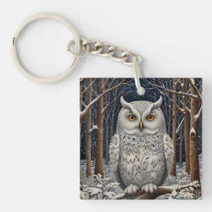 Elegant boho witte uil bos winterbos sleutelhanger