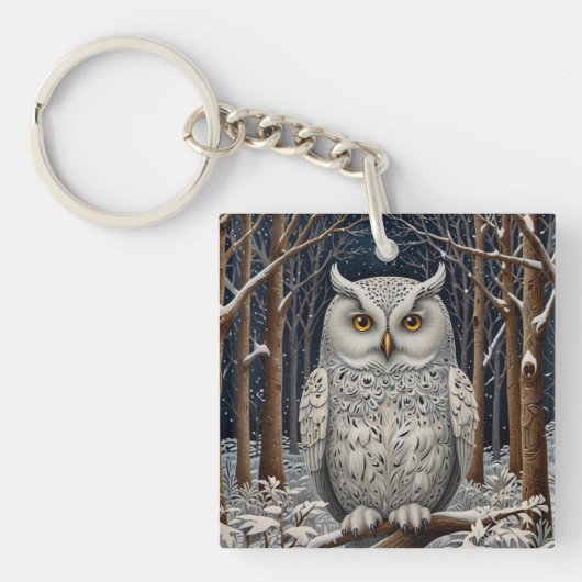 Elegant boho witte uil bos winterbos sleutelhanger (voorkant)