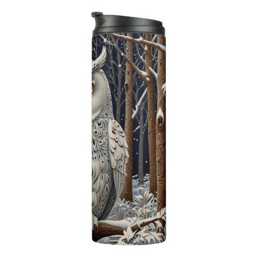 Elegant boho witte uil bos winterbos thermosbeker (Geroteerd rechts)