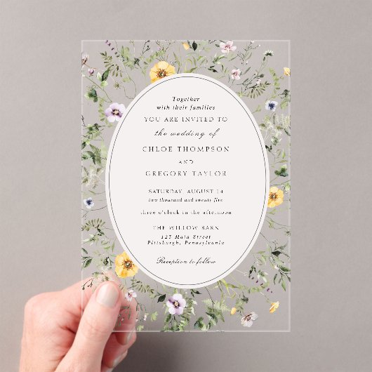 Elegant Boho Yellow Wildflower Greenery Wedding Acryl Uitnodigingen (Insitu (Draagbaar))