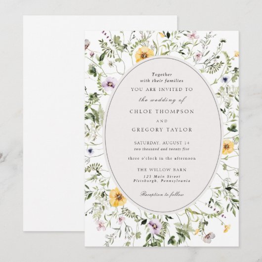 Elegant Boho Yellow Wildflower Greenery Wedding Kaart (Voorkant / Achterkant)