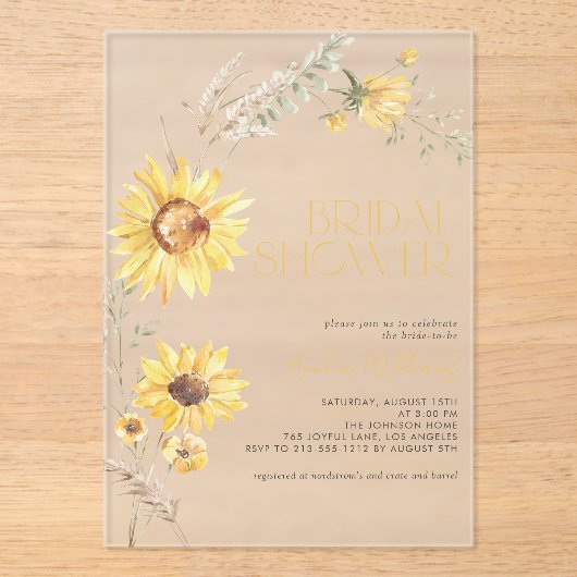 Elegant Boho Zonnebloem Botanisch Vrijgezellenfees Acryl Uitnodigingen (Voorkant)