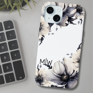 Elegant Boho Zwart Wit Bloemen Monogram iPhone 15 Case