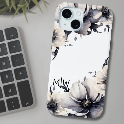 Elegant Boho Zwart Wit Bloemen Monogram Case-Mate iPhone Case