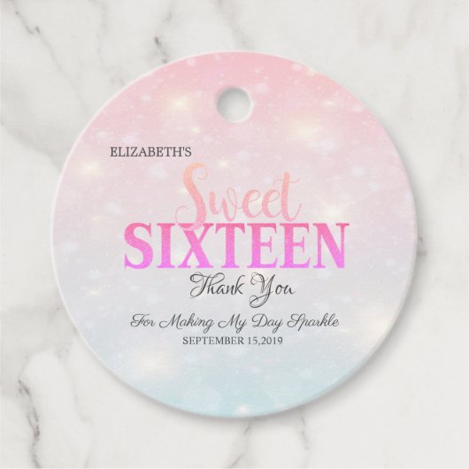 Elegant Bokeh, Glitter Sweet 16 Bedankjes Labels (Voorkant)