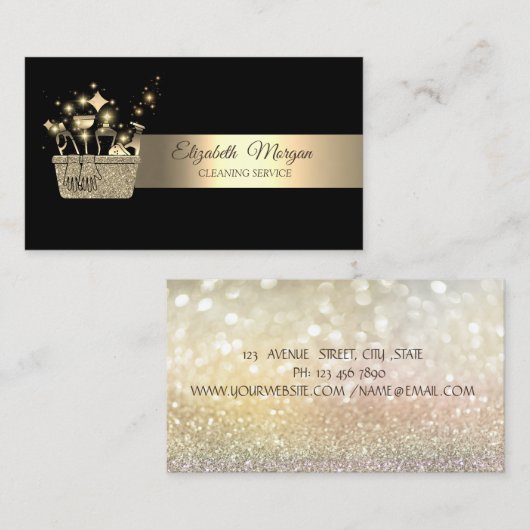 Elegant Bokeh Gold Glitter Cleaning Tools Black Visitekaartje (Voorkant / Achterkant)