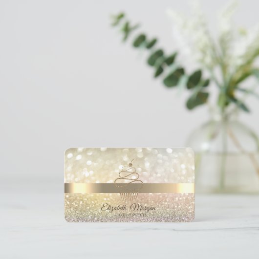 Elegant Bokeh Gold Glitter Cupcake Visitekaartje (Staand voorkant)