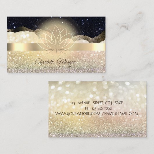 Elegant Bokeh Gold, Lotus Black Glitter Yoga Visitekaartje (Voorkant / Achterkant)