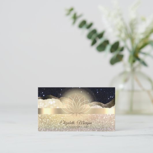 Elegant Bokeh Gold, Lotus Black Glitter Yoga Visitekaartje (Staand voorkant)