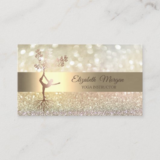 Elegant Bokeh Gold Tree Silhouette Yoga Instructor Visitekaartje (Voorkant)