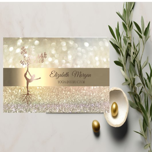 Elegant Bokeh Gold Tree Silhouette Yoga Instructor Visitekaartje