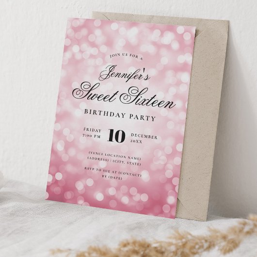 Elegant Bokeh Lights Script Sweet 16 Blush Pink Kaart