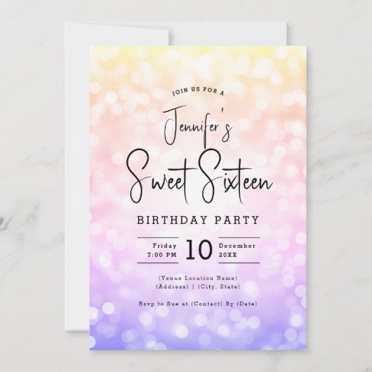 Elegant Bokeh Modern Script Sweet 16 Ombre Rainbow Kaart (Voorkant)