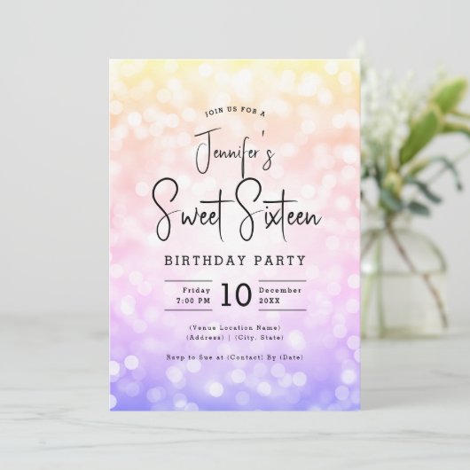 Elegant Bokeh Modern Script Sweet 16 Ombre Rainbow Kaart (Staand voorkant)