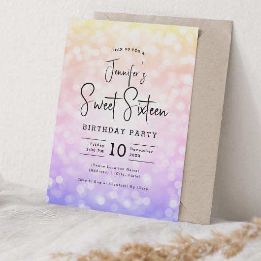 Elegant Bokeh Modern Script Sweet 16 Ombre Rainbow Kaart