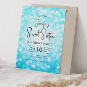 Elegant Bokeh Modern Script Sweet 16 Turquoise Kaart