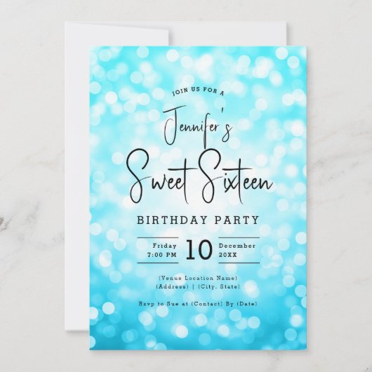 Elegant Bokeh Modern Script Sweet 16 Turquoise Kaart (Voorkant)