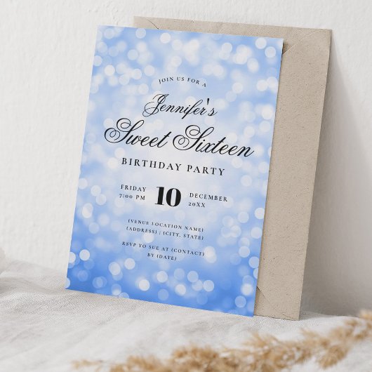 Elegant Bokeh Script Sweet 16 Party Navy Blue Kaart