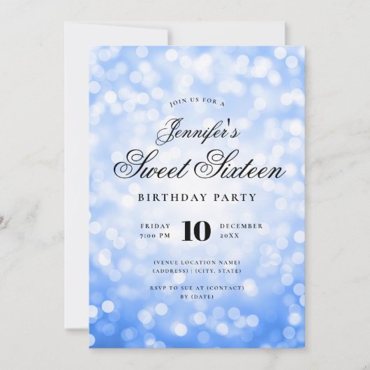 Elegant Bokeh Script Sweet 16 Party Navy Blue Kaart (Voorkant)