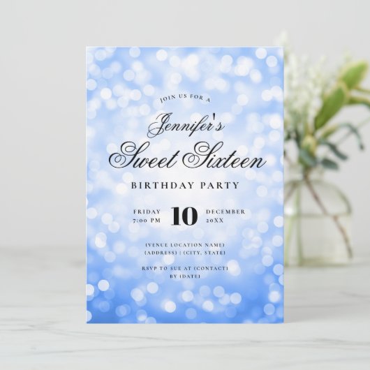 Elegant Bokeh Script Sweet 16 Party Navy Blue Kaart (Staand voorkant)