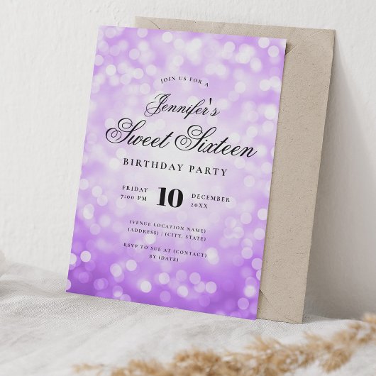 Elegant Bokeh Script Sweet 16 Party Paarse Kaart
