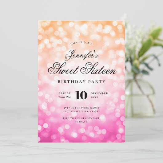 Elegant Bokeh Script Sweet 16 Party Roze Sinaasapp Kaart (Staand voorkant)