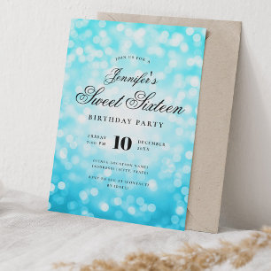Elegant Bokeh Script Sweet 16 Party Turquoise Kaart