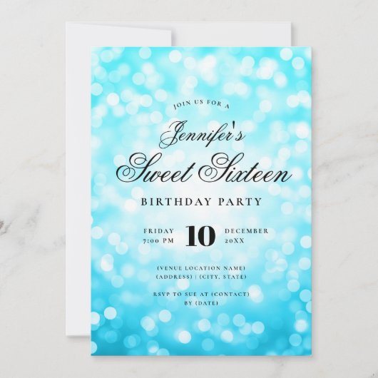 Elegant Bokeh Script Sweet 16 Party Turquoise Kaart (Voorkant)