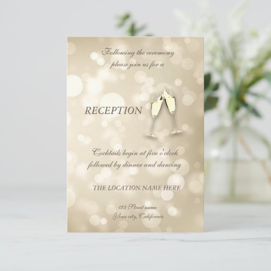 Elegant Bokeh Wine Glasses Wedding Reception Kaart (Staand voorkant)