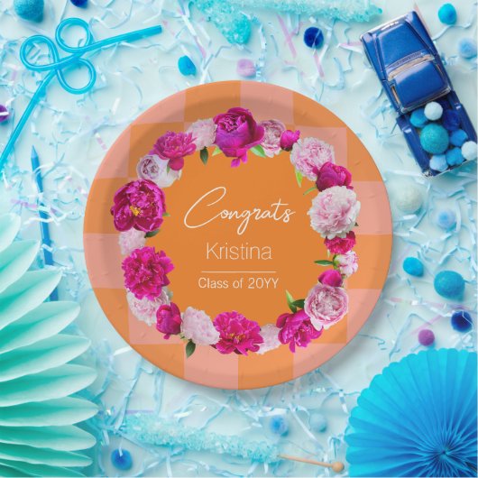 Elegant Bold Bloemen Sinaasappel & Roze Check Afst Papieren Bordje (Feest)