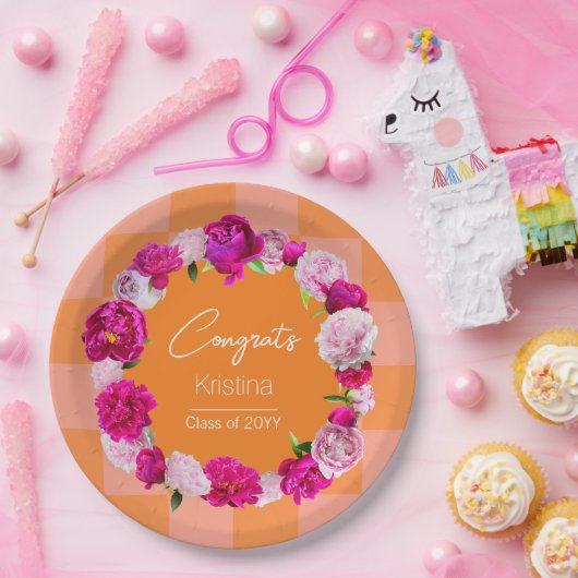 Elegant Bold Bloemen Sinaasappel & Roze Check Afst Papieren Bordje (Feest)