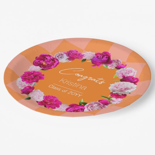 Elegant Bold Bloemen Sinaasappel & Roze Check Afst Papieren Bordje (Gekanteld)
