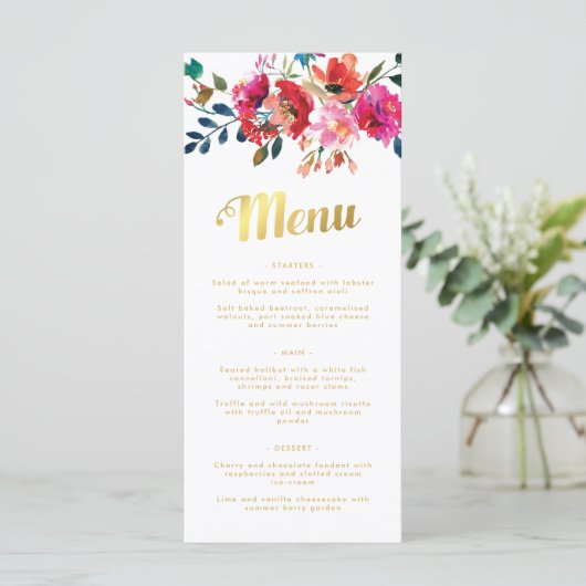 Elegant Bold Bloemen Waterverf Goud Bruiloft Menu (Staand voorkant)