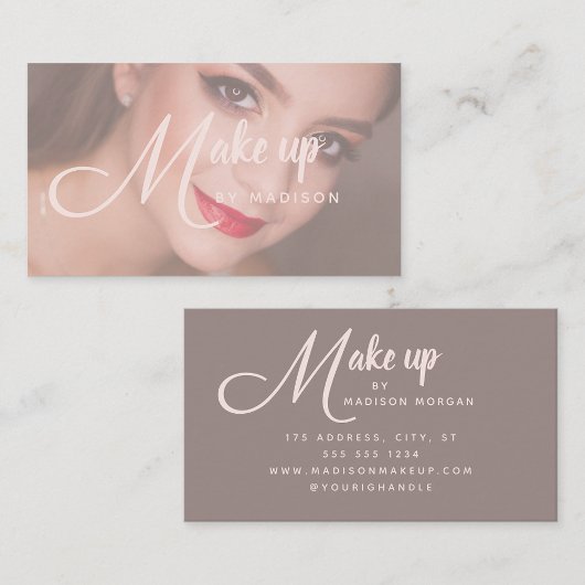 Elegant Bold Blush Pink Script Photo Makeup Visitekaartje