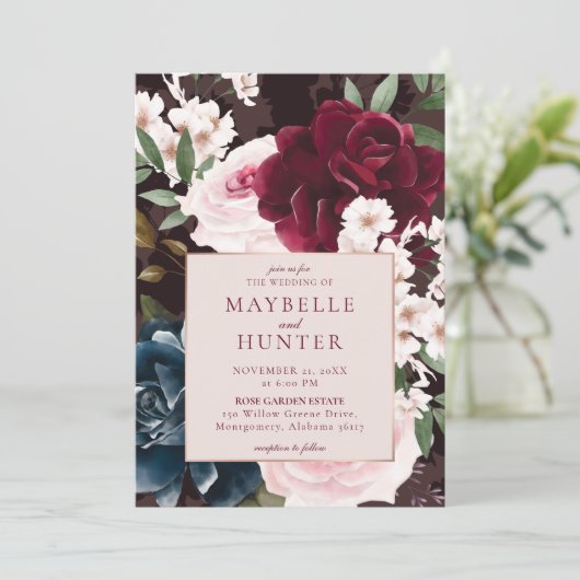 Elegant Bold Burgundy & Navy Waterverf Florals Kaart (Staand voorkant)